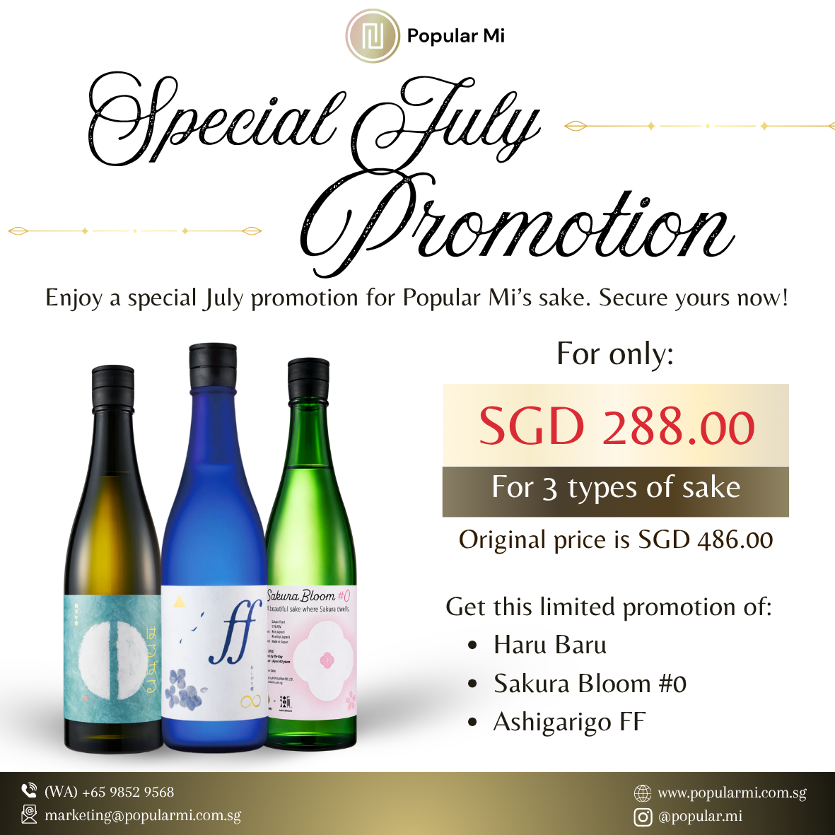 Special July Promotion sake trio featuring Haru Baru, Sakura Bloom #0, and ∞ ff
